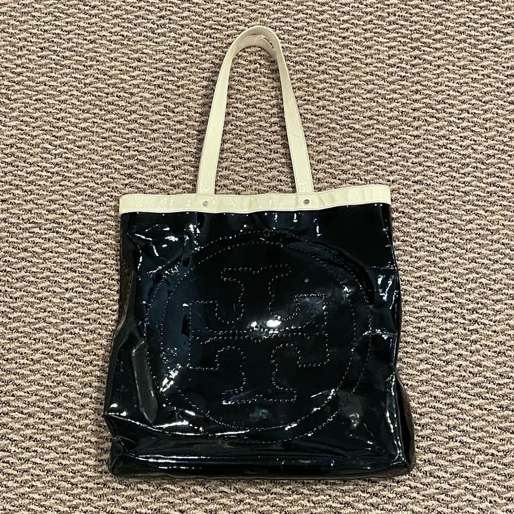Tory Burch black and white patent leather large shoulder tote bag